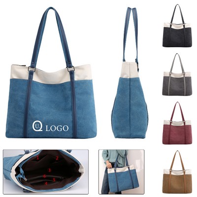Trendy Canvas Shoulder Tote Bag W/ Zippered Back Pocket